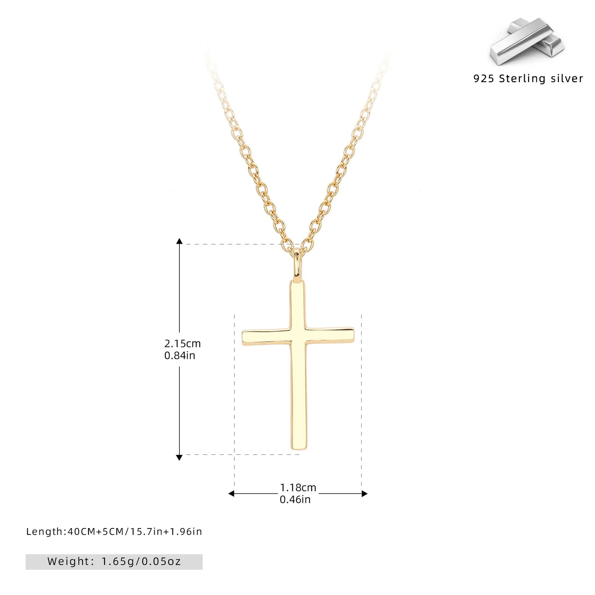 Simple glossy cross pendant on an O-chain sterling silver necklace in gold plating.