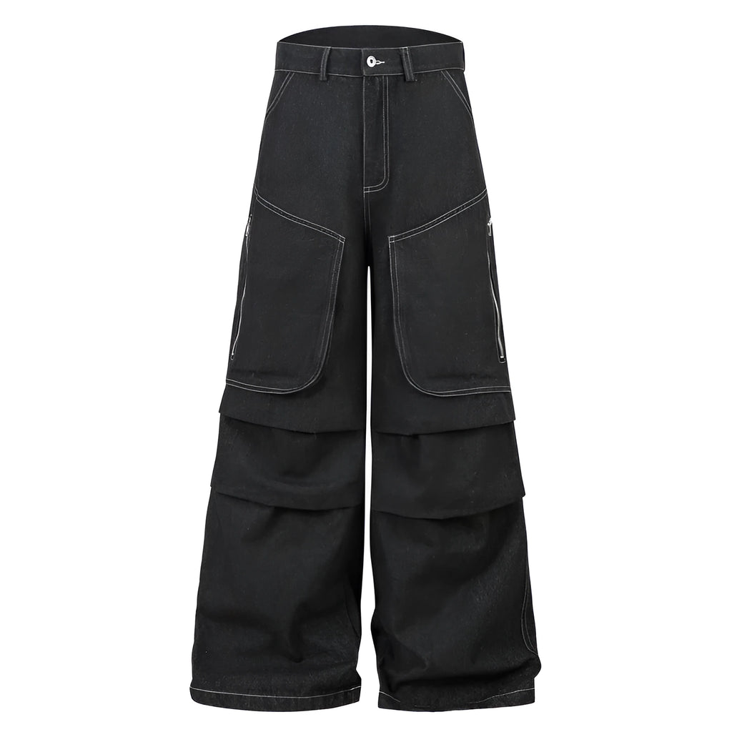 Multi-pocket pleated black denim workwear trousers for teenagers with zip placket