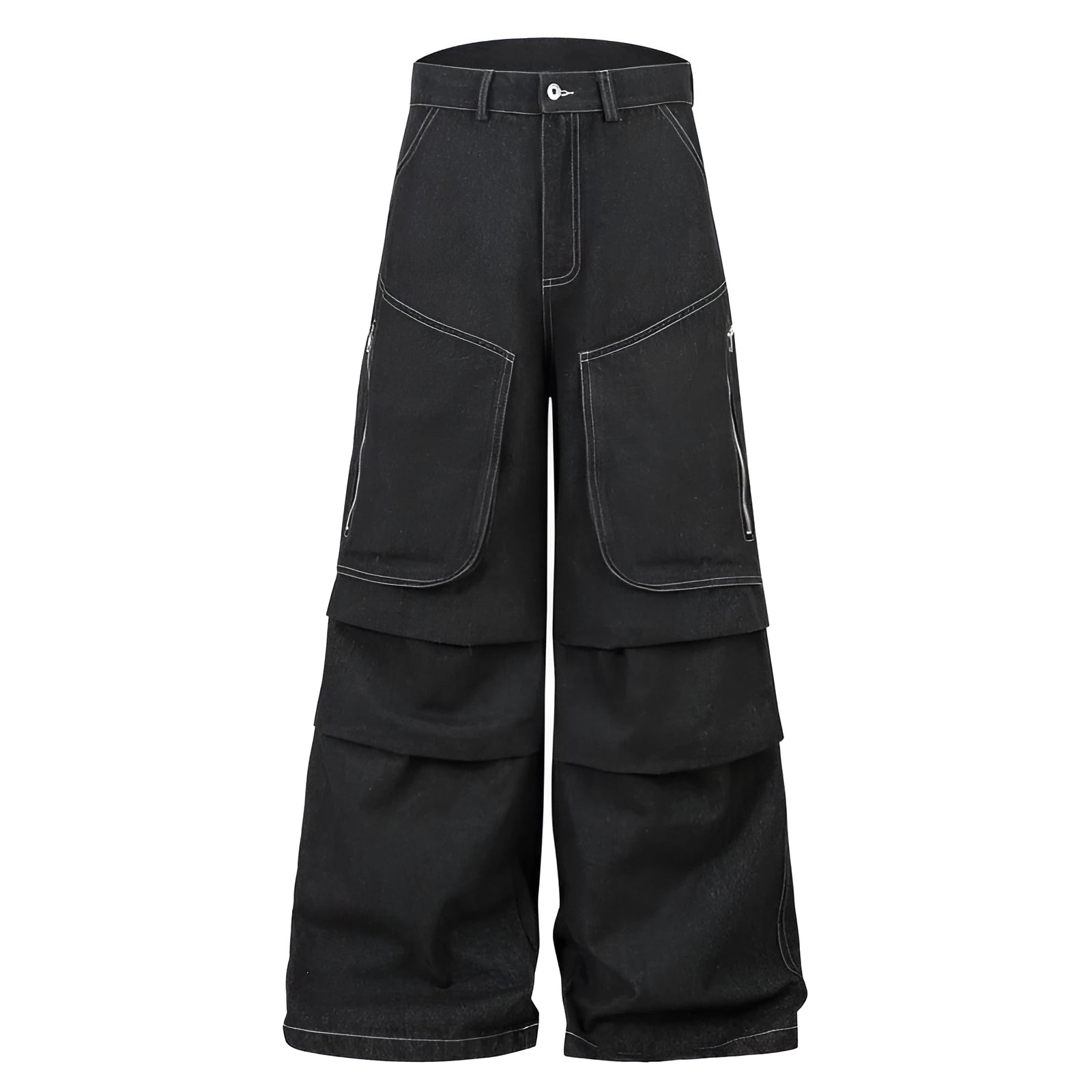 Multi-pocket pleated black denim workwear trousers for teenagers with zip placket
