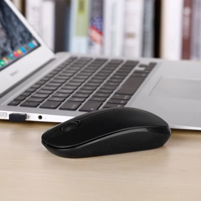 Black 2.4G wireless mouse with compact 120x66x36mm design for multi-platform computing