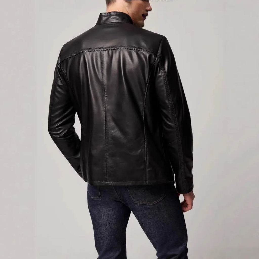 Men's black retro polyester leather jacket with regular fit, long sleeves, and straight hem