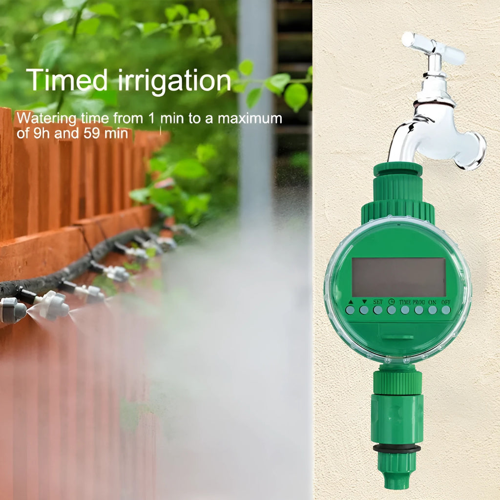 Green automatic watering timer for drip irrigation, household water flow, compact outdoor design