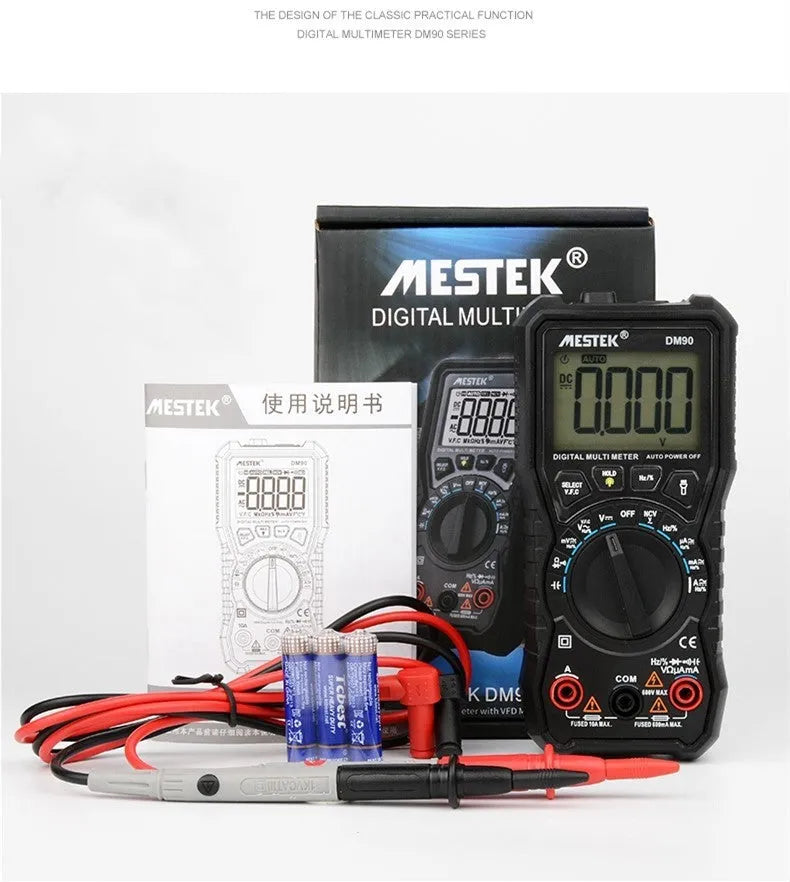 DM90A digital multimeter with display showing measurement, includes test leads for electrical testing