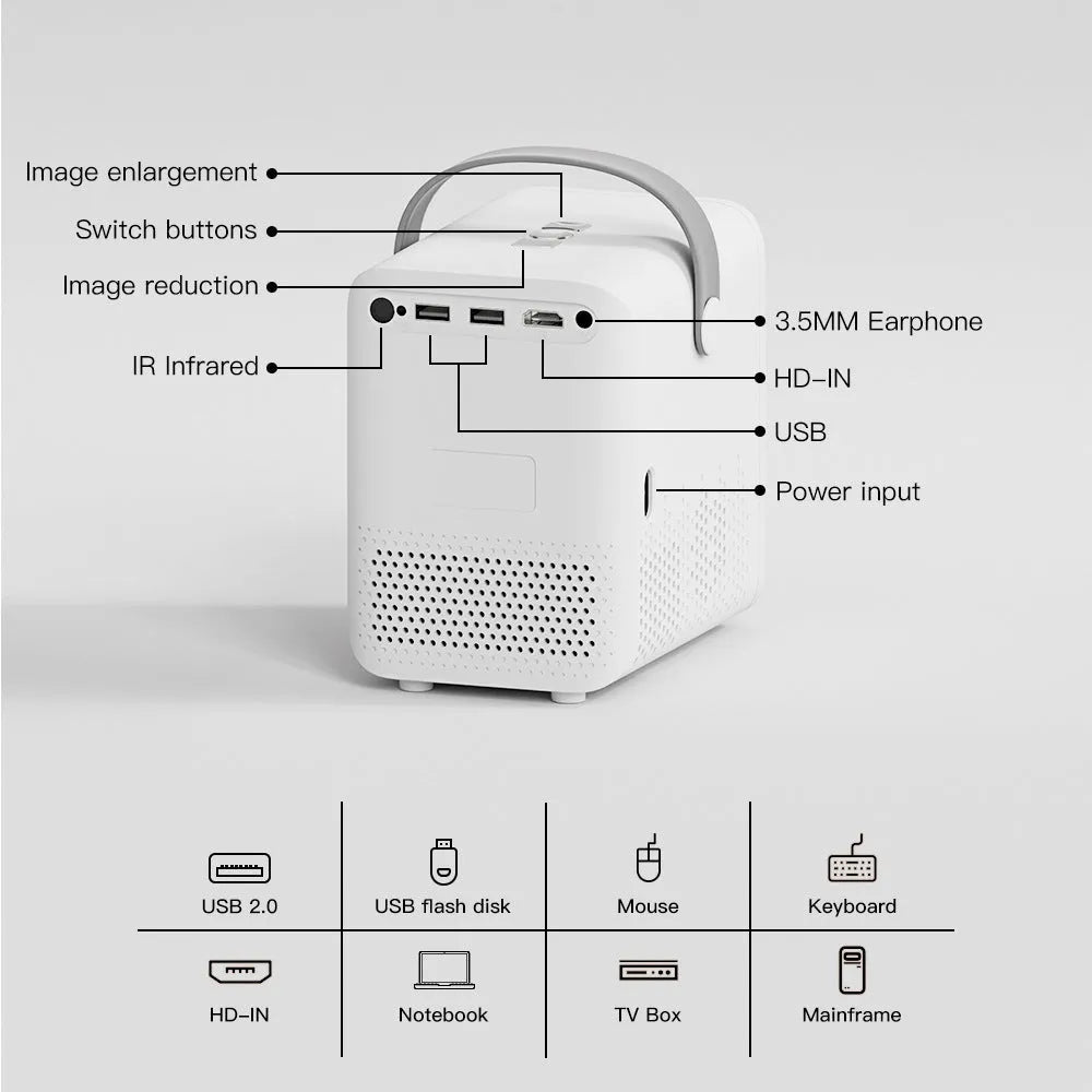P10 2023 mini portable LCD projector in black with Android system, 720p resolution and 400 lumens