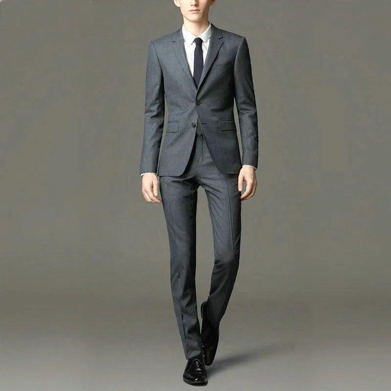 Men's flat collar slim fit suit jacket with trousers in dark grey, half linen lining, sports wear autumn winter