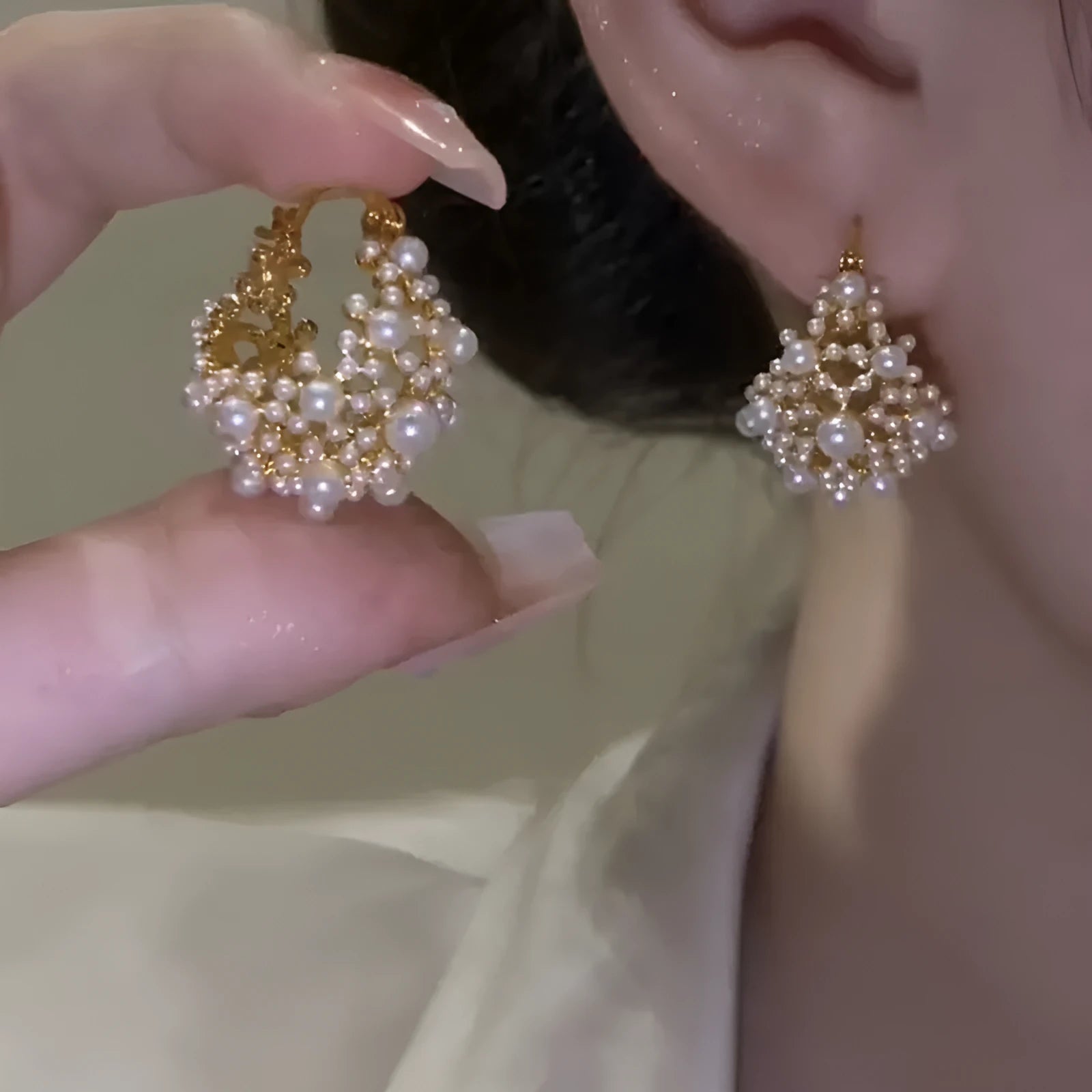Gold copper drop earrings with small rice-shaped pearl inlay in a flower basket shape for women