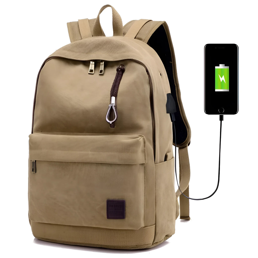 Canvas backpack with USB charging port showing coffee colour variant with laptop compartment