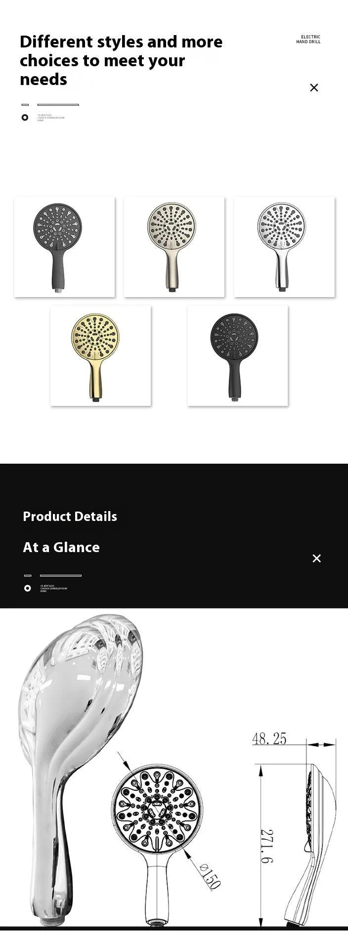 Six-function handheld shower head with ABS plastic construction and electroplated finish