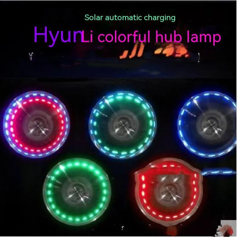 Solar LED car tyre valve light with colour adjustable mode, 4.5cm diameter, mounted on tyre valve stem
