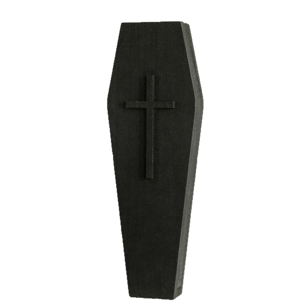 Black wooden cross wall vase shelf with open top for stems, 27cm tall, wall-mounted pendant design
