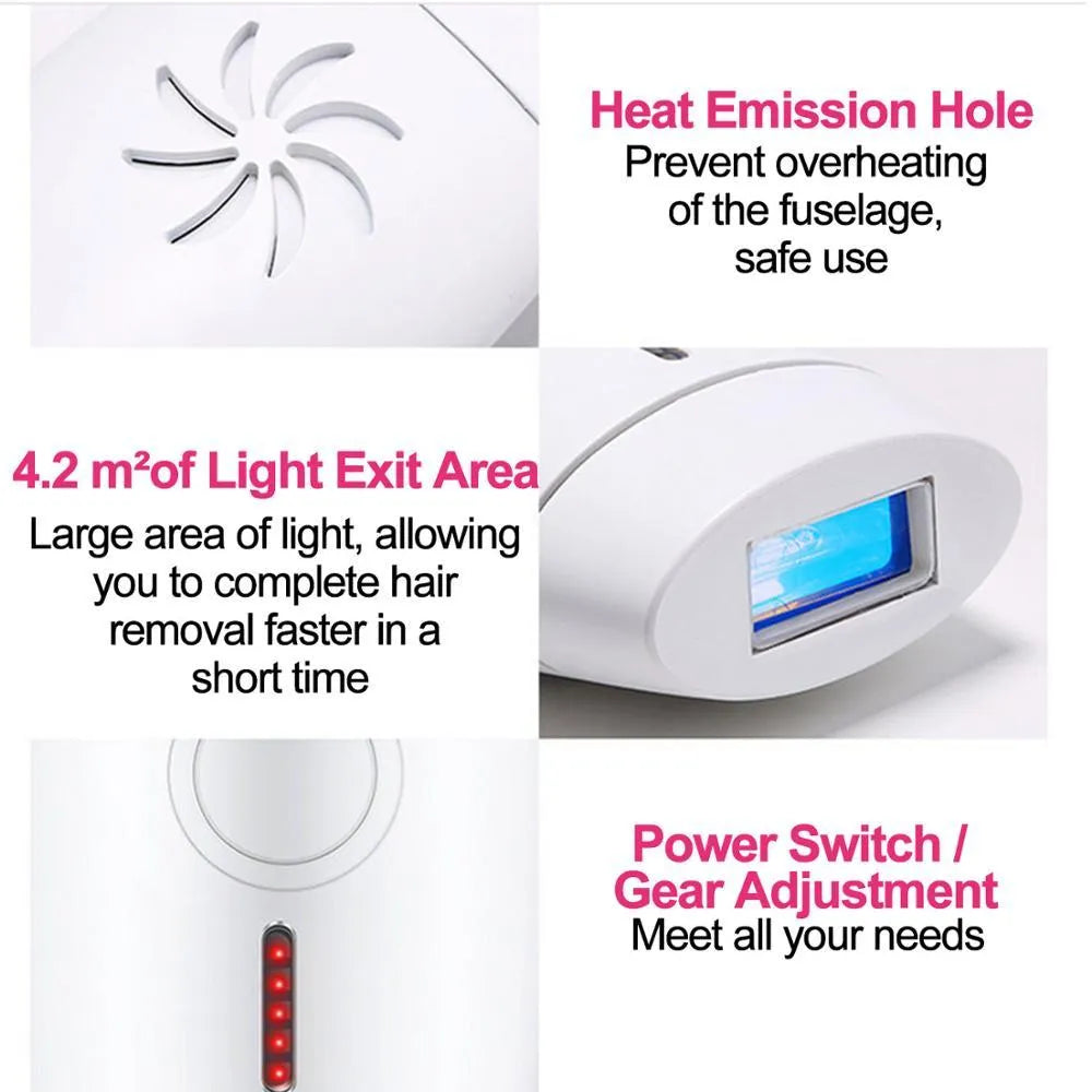 White home laser hair removal instrument with display screen on a compact handheld unit.