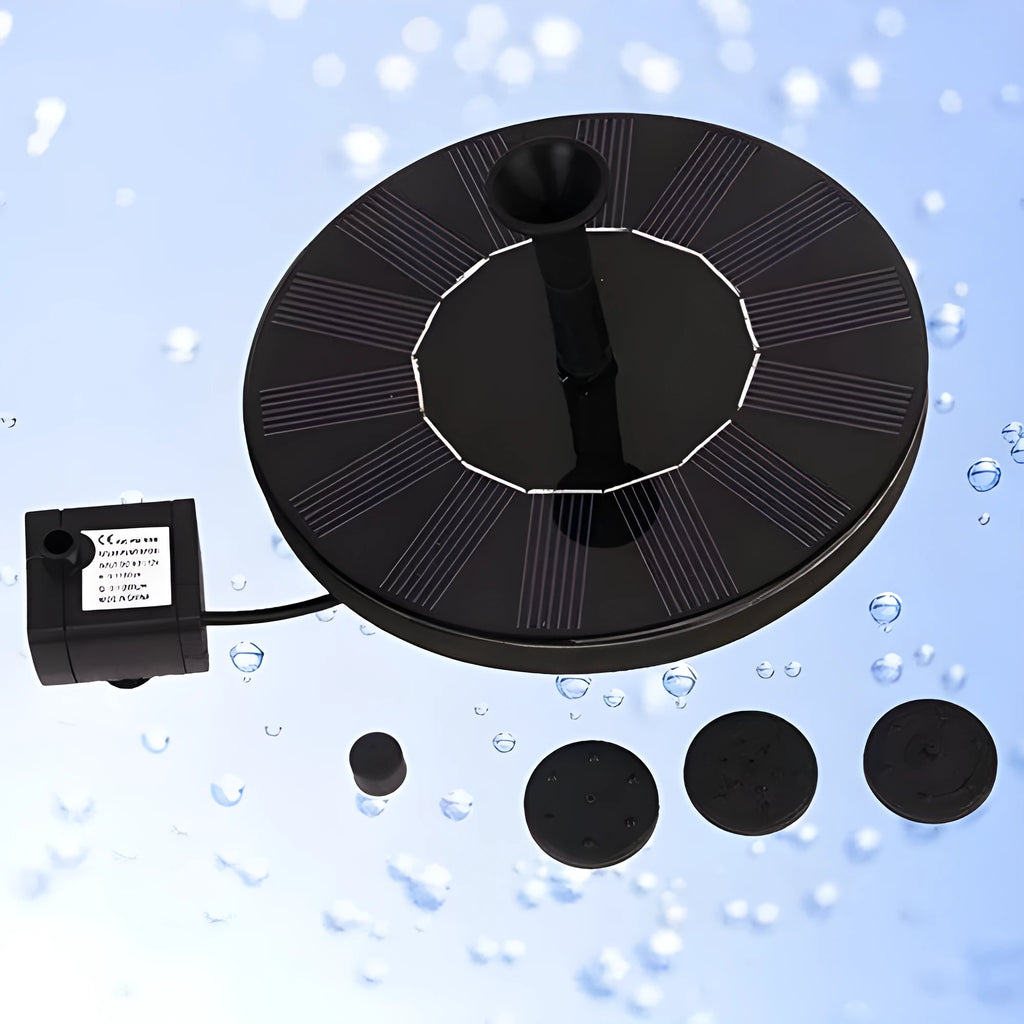 Round solar fountain pump with 16cm diameter and 7V solar panel for bird baths and ponds