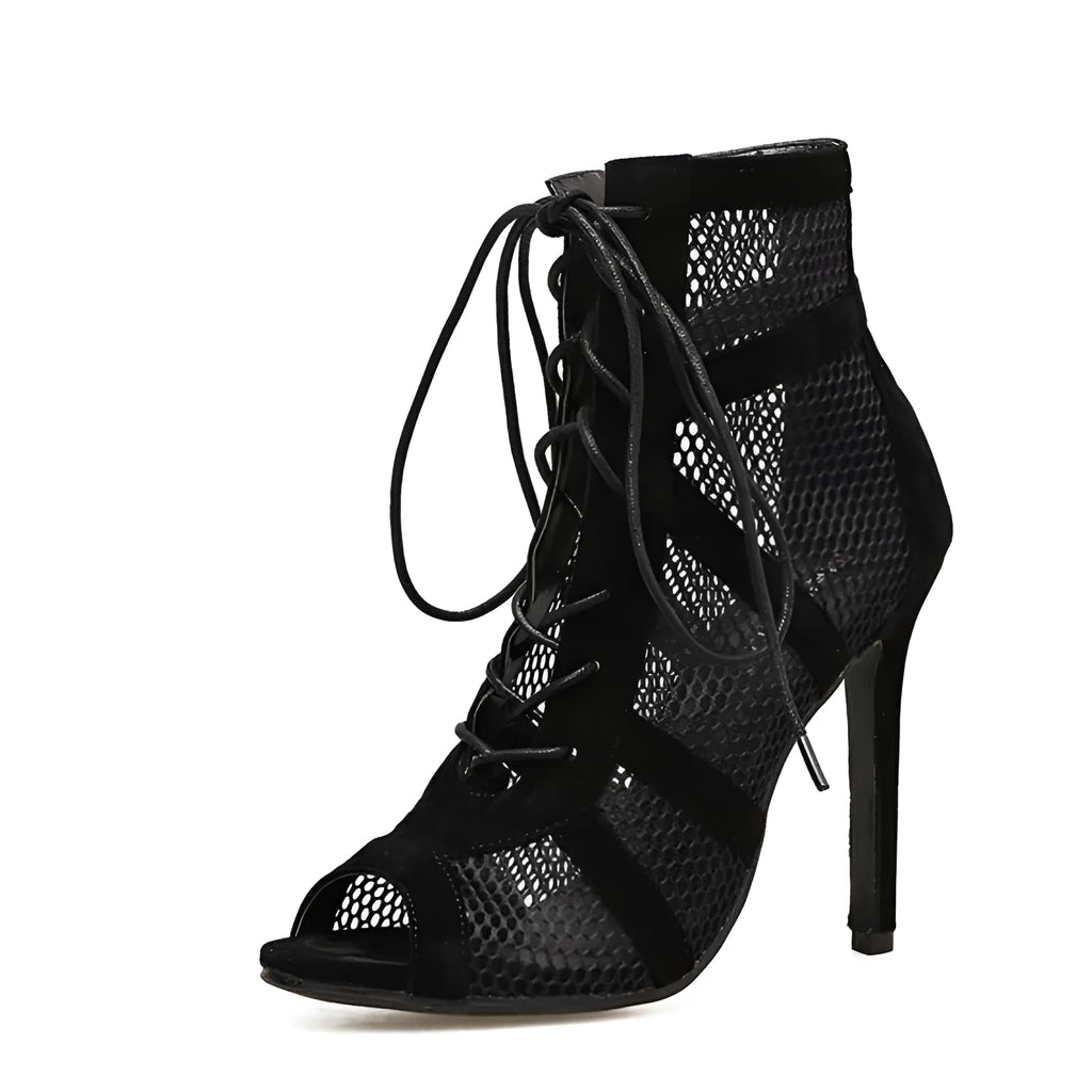 Black suede women's high heel shoes with lace-up ankle closure and an 11.5 cm heel.