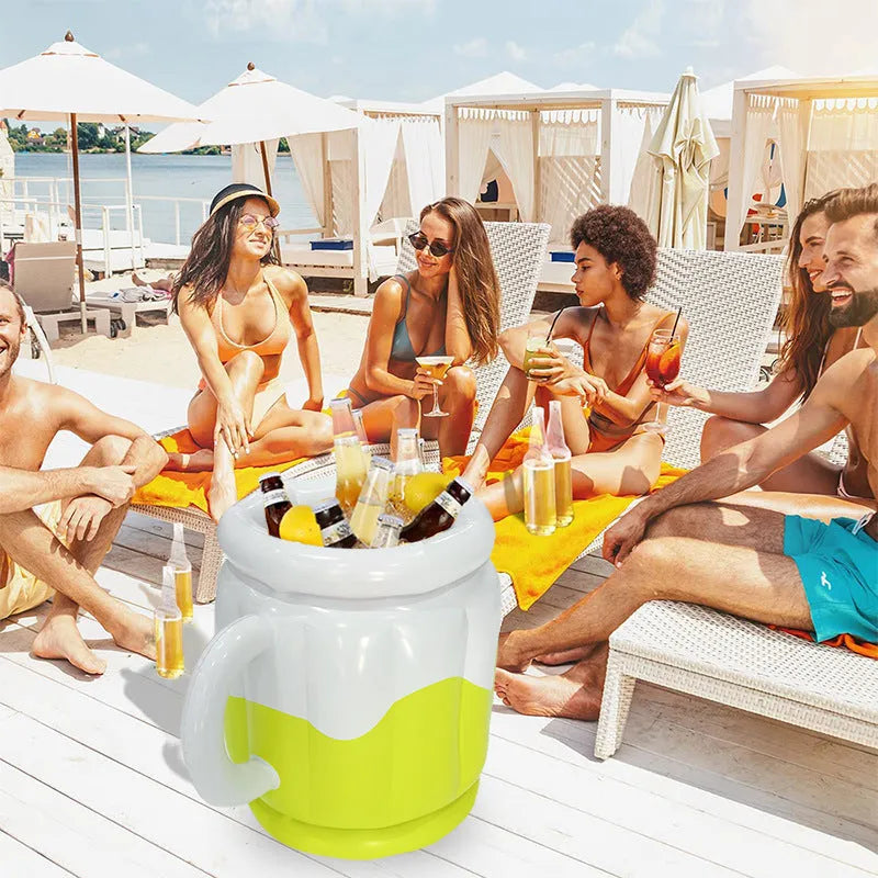 Bright yellow inflatable PVC ice bucket designed for chilling beer steins at outdoor events.
