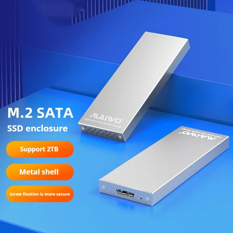 USB 3.0 M.2 SSD enclosure in aluminium alloy, black colour, on a table with USB cable