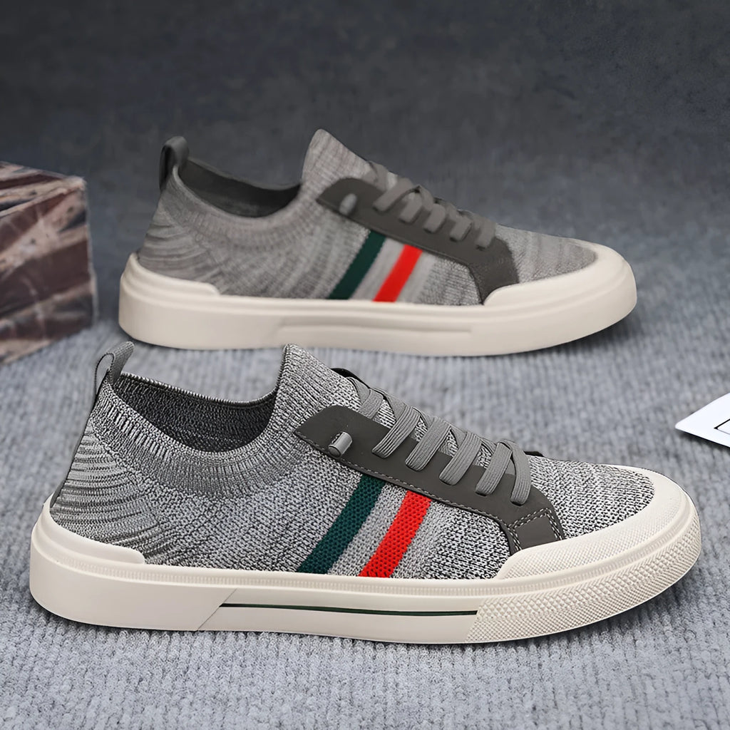 Men's breathable thin knitted mesh casual sneakers in beige with canvas upper and rubber sole