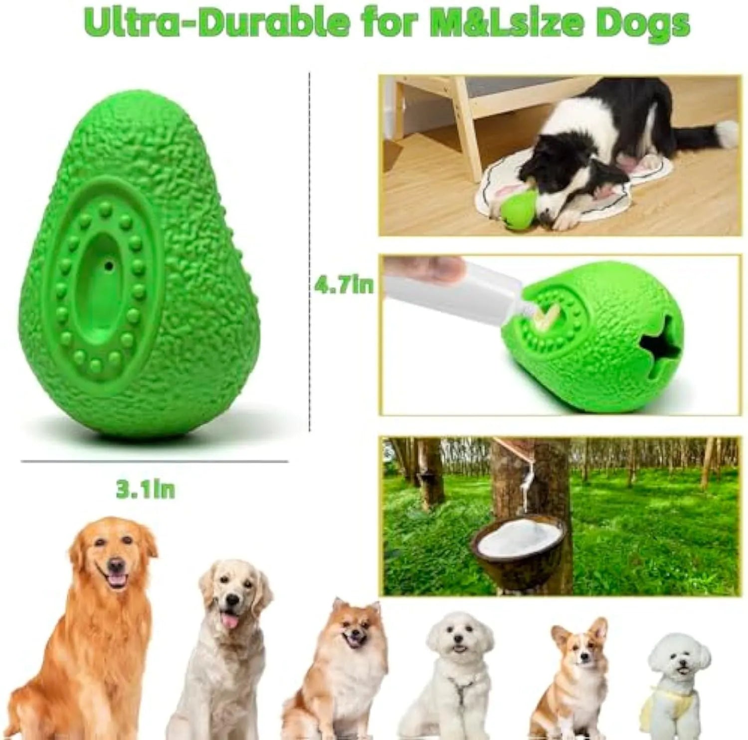 Green indestructible rubber dog chew toy for aggressive chewers on a white background.