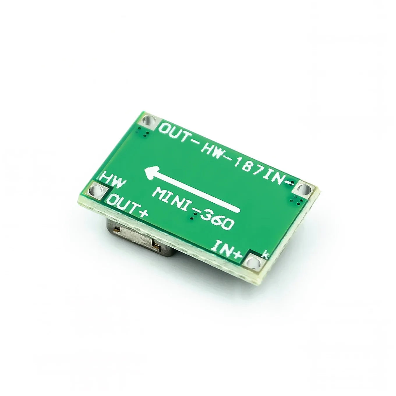 Mini 360 DC-DC buck converter module on green PCB with compact layout showing input and output pads