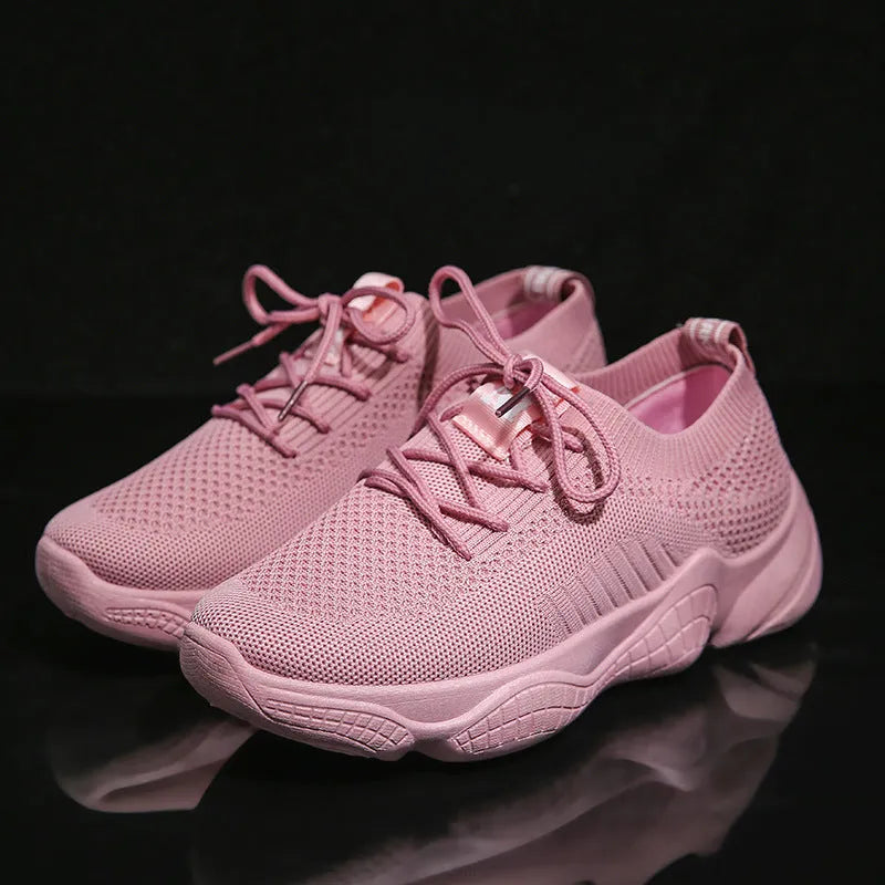 Women's white flying woven sports shoes with thick rubber soles and front strap design