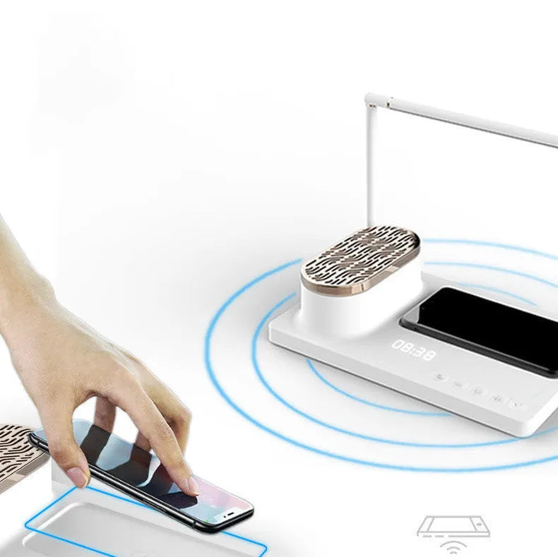 Wireless Bluetooth sound desk lamp in white, aluminium alloy and ABS, side view showing USB port