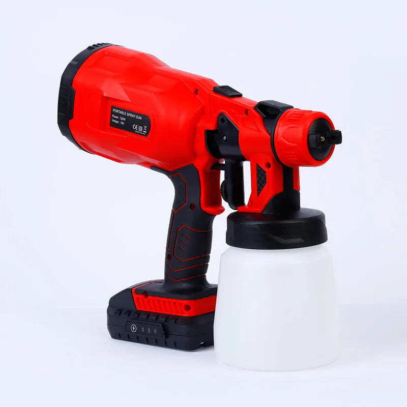 Blue cordless automatic paint spray gun with a large paint container and nozzle.