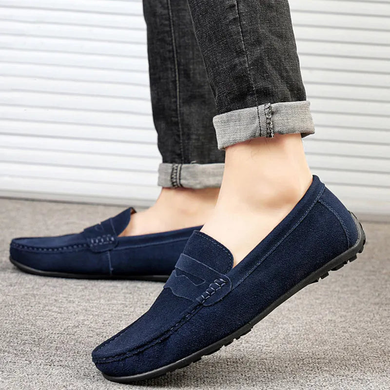Men's suede loafers slip-on casual shoes cowhide leather round toe rubber sole