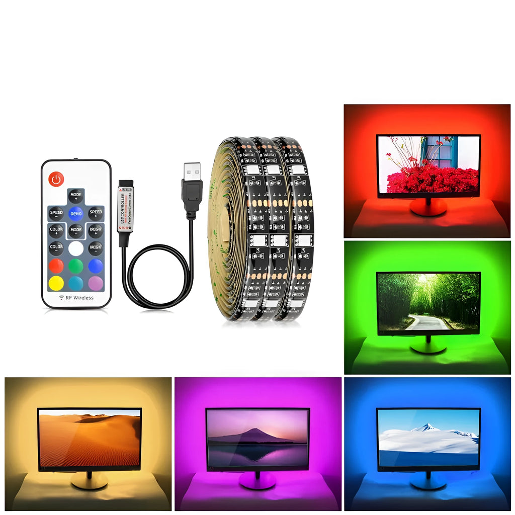 Flexible LED strip light bent into shape with remote control and adhesive backing visible.