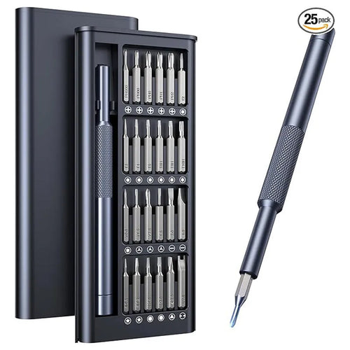 25-in-one magnetic precision screwdriver set with chrome vanadium steel bits and knurled ABS handle.