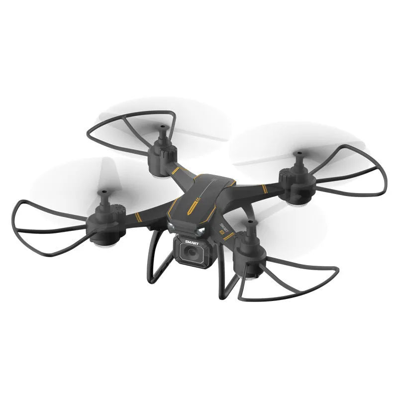 Blue third-order remote control drone with 4K dual camera, protective frame, and spare blades on grass