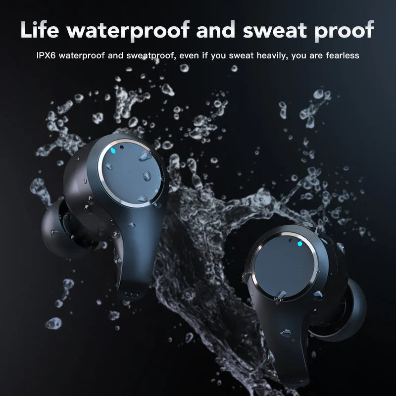 Wireless ANC active noise cancelling Bluetooth headset in black with earplug design and charging case