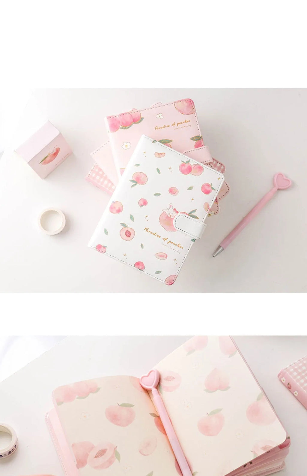 A5 hardcover student notebook with imitation leather cover in Peach Talk Feast design, wired binding, open flat