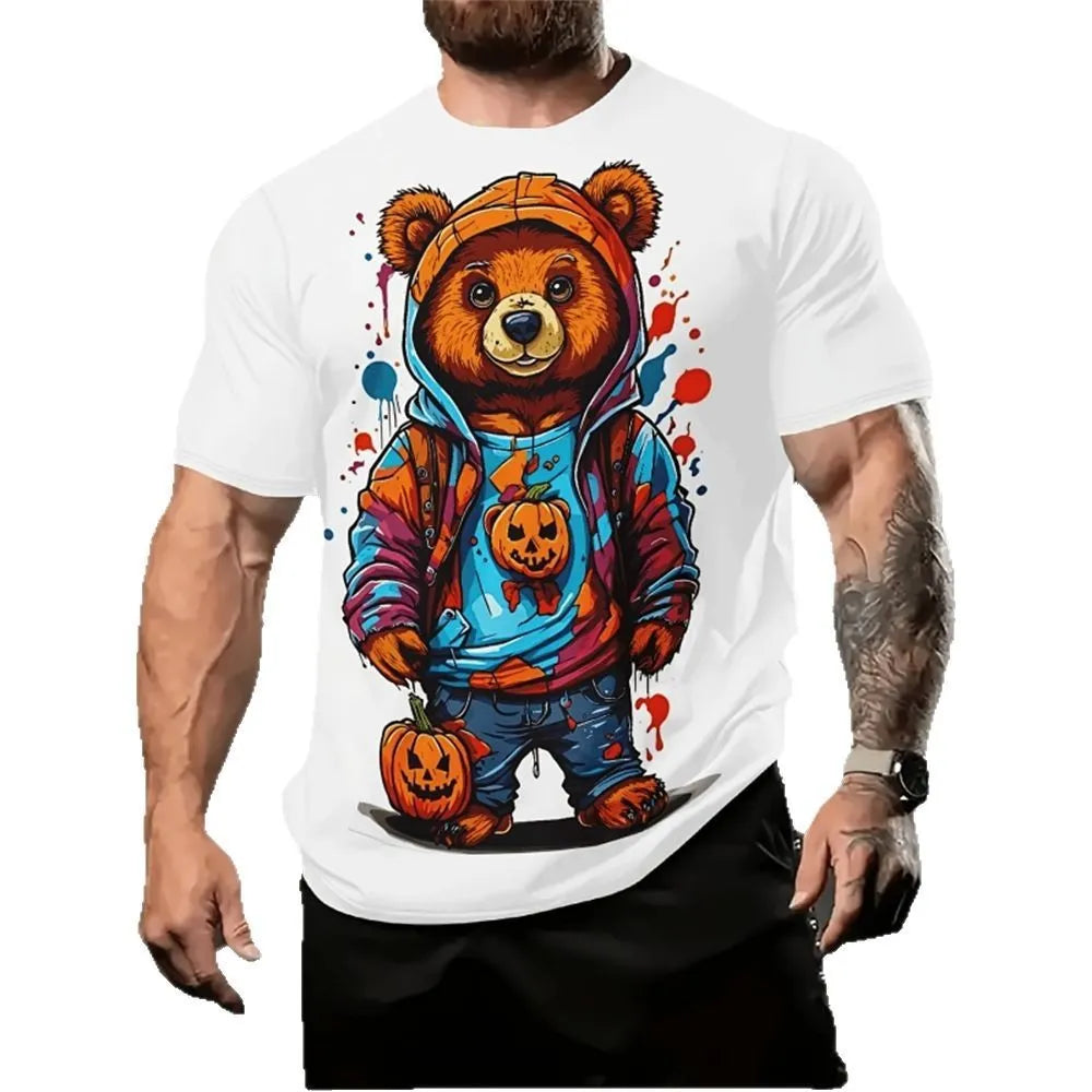 Men's loose fit short sleeve T-shirt with 3D printed cartoon pattern in milk silk linen fabric