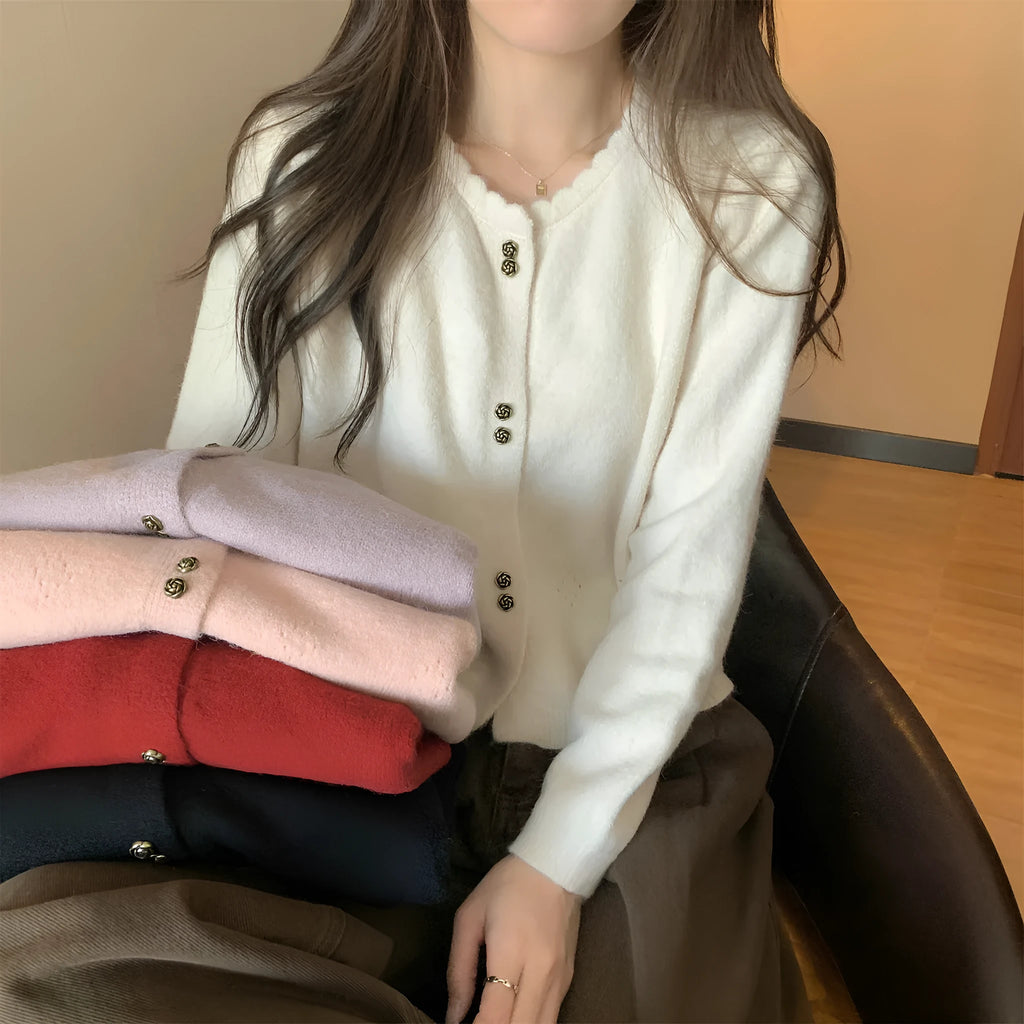 Women's long-sleeved acrylic cardigan coat in milky white, red, pink, light purple, or black