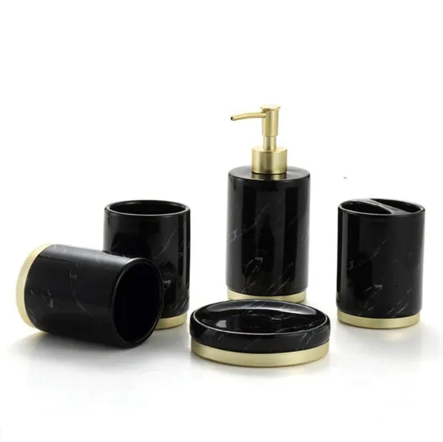 Ceramic bathroom set with emulsion bottle, cup, toothbrush holder, and soap dish in Phnom Penh Ink and Black bright glaze finish