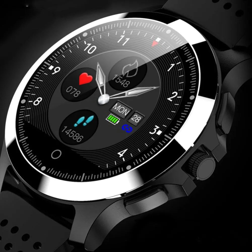 W8 ECG smart bracelet with 304 stainless steel body and black TPU strap showing heart rate reading on display