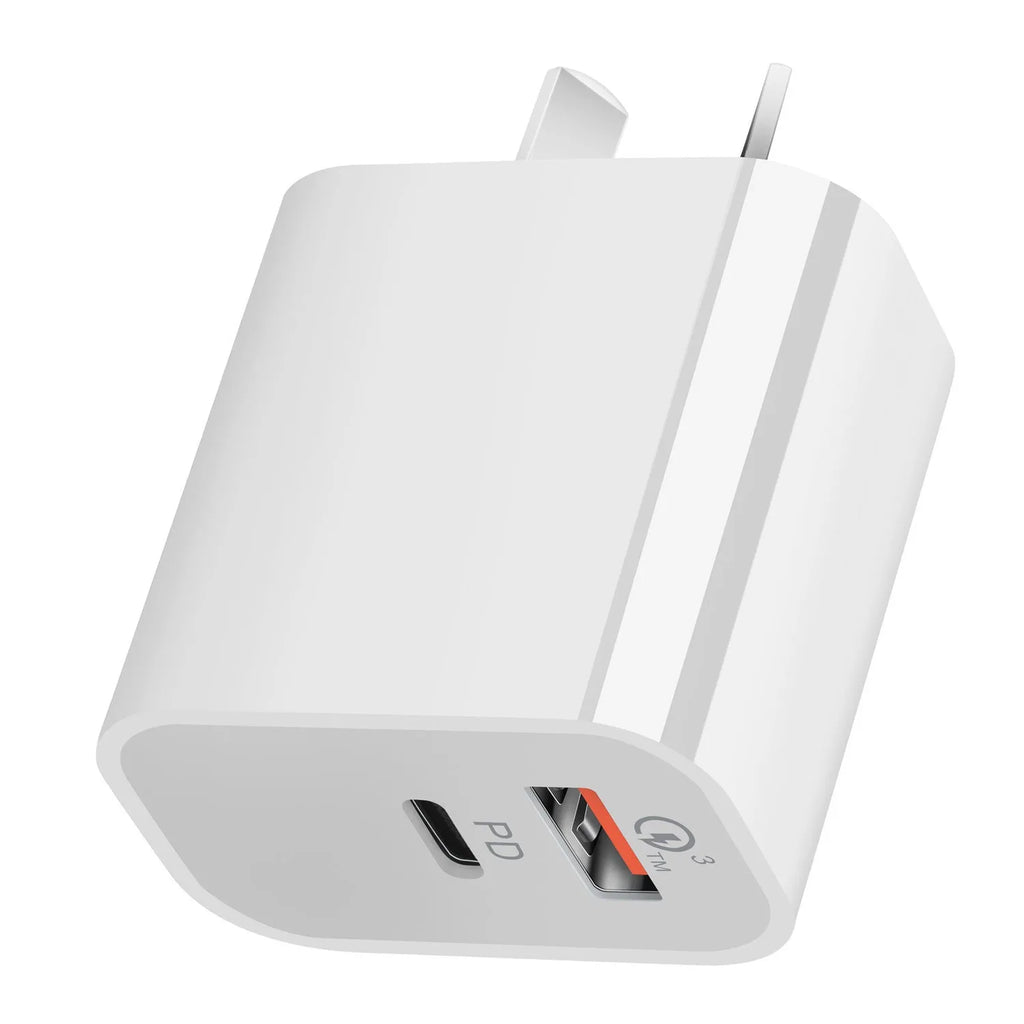 White dual port Australian standard charger with USB-A and USB-C interfaces, compact 63x40x22mm size