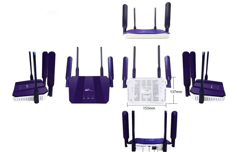 Blue 4G dual-mode router with four antennas, showing compact size and connectivity ports.