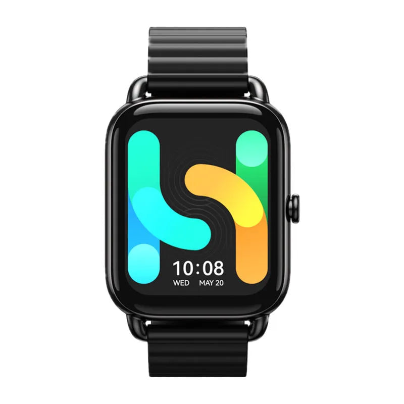 HAYLOU RS4 Plus smartwatch in black with AMOLED display showing fitness stats.