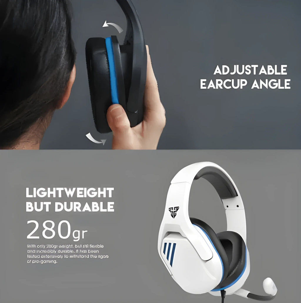 MH86 black and white USB gaming headset with microphone and 50mm drivers on headwear frame
