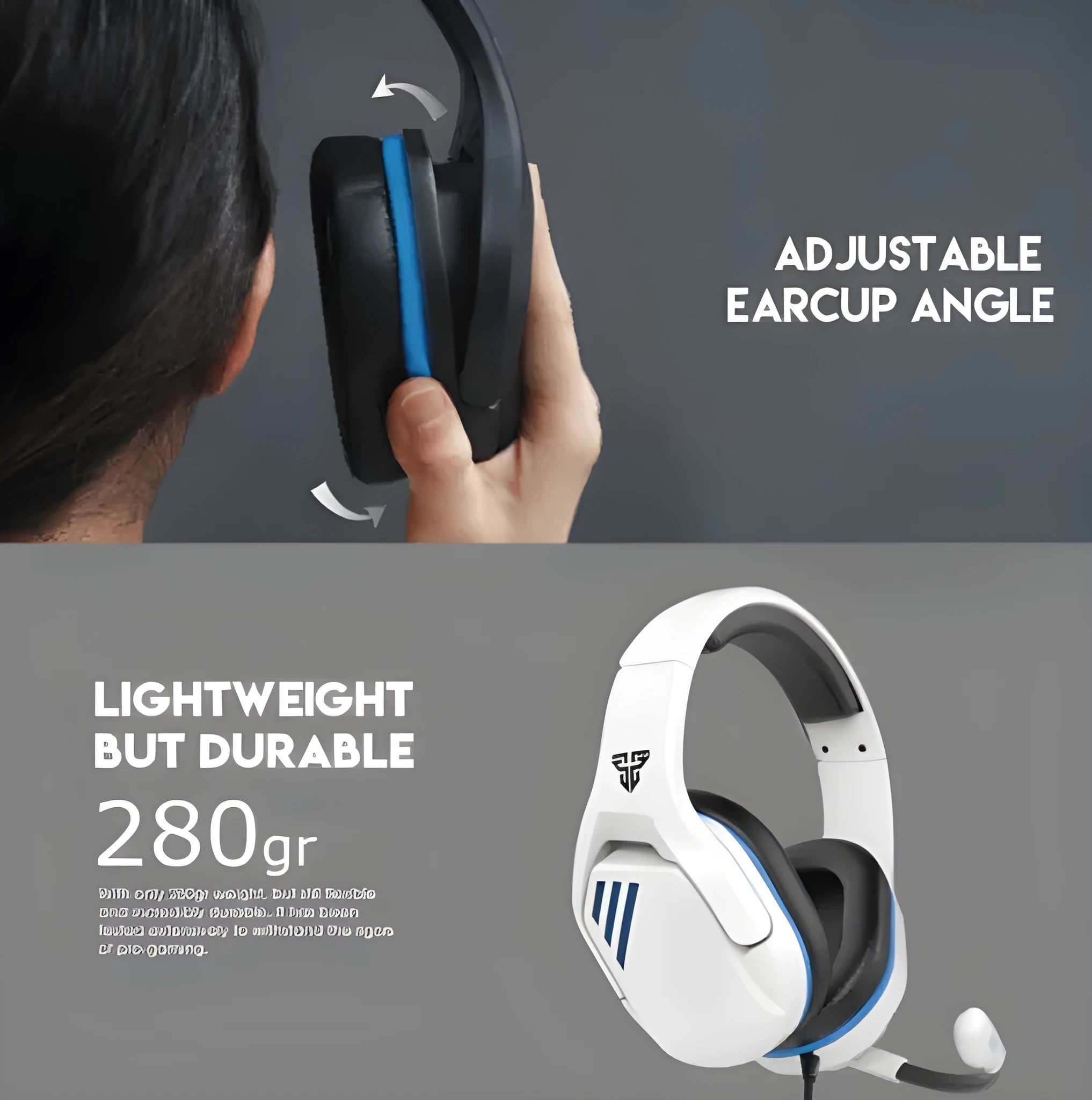 MH86 black and white USB gaming headset with microphone and 50mm drivers on headwear frame