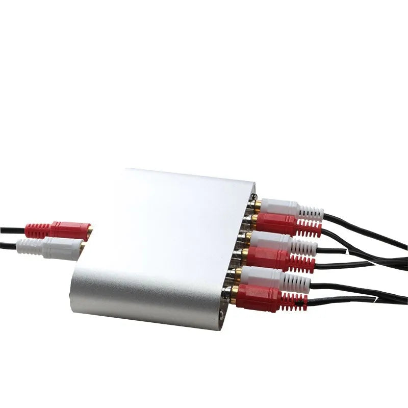 Silver audio source switch with infrared remote control, aluminium alloy shell, front panel buttons and indicator lights, US model