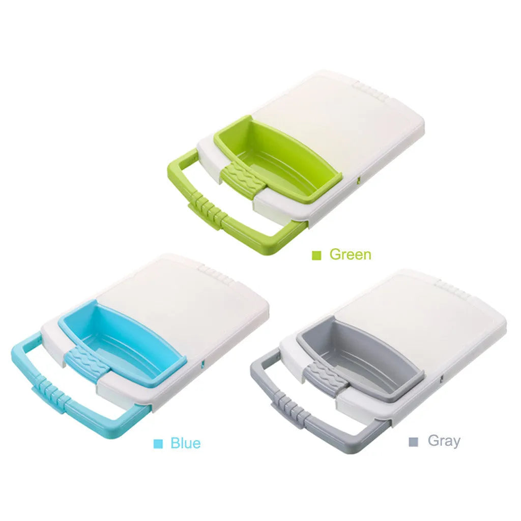 Green multi-function kitchen drain cutting board with storage trough and drainage holes on sink edge