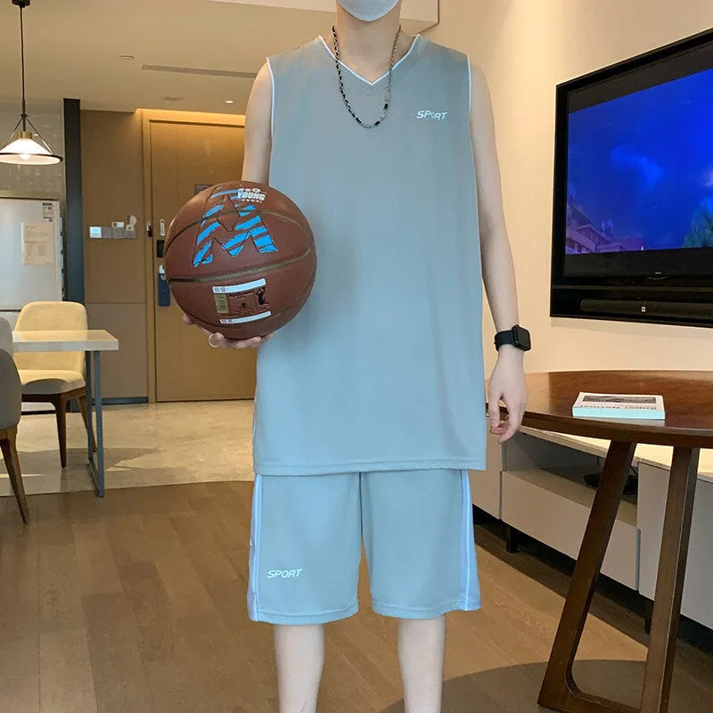 Basketball wear short sleeve vest leisure sports suit in polyester fibre, sleeveless top and shorts, summer men's activewear set