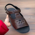 Men's black beach sandals with floral embroidery on the PU upper, flat heel design