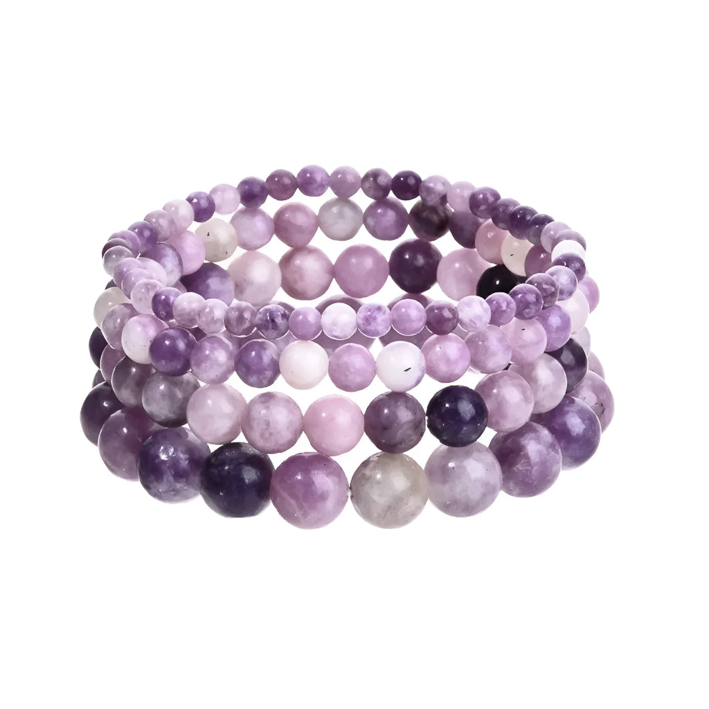 Niche Style purple stone bead elastic bracelet on white background, geometric beads 4mm to 10mm sizes