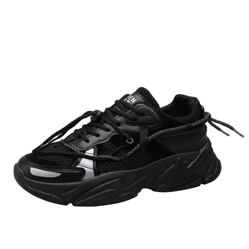 Men's black Korean style platform sports shoes with lace-up front and mesh lining.