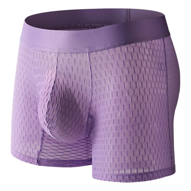 Men's low waist lace mesh boxer shorts in a choice of five colours on a size chart.