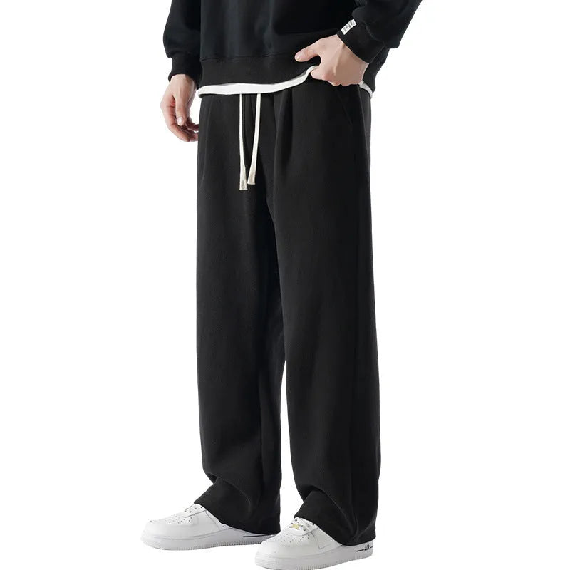 Men's apricot coloured double-sided polar fleece loose-fit sports trousers with a drawstring waist