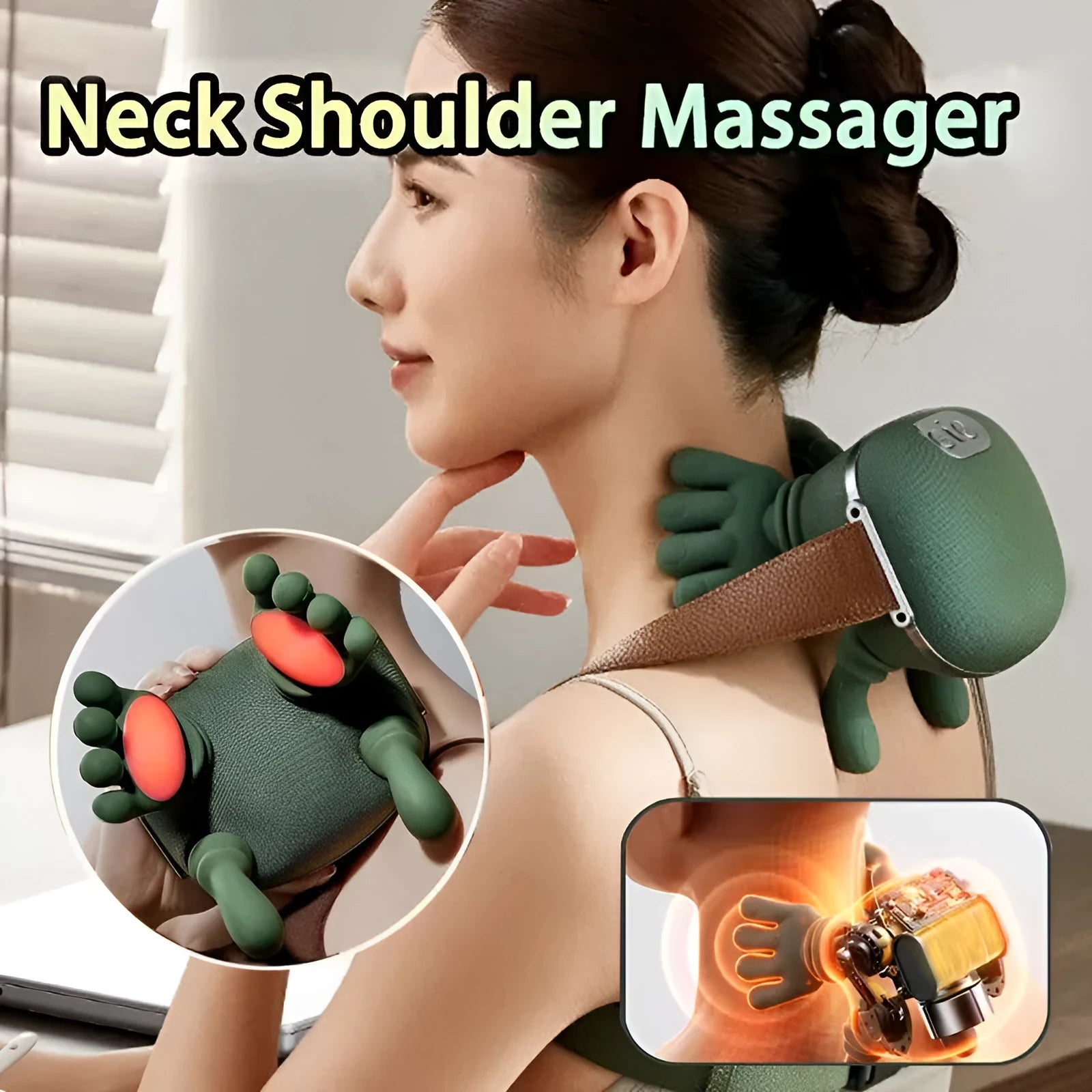 Moss green electric neck and shoulder massager with 4D kneading and heat, cordless design, 211x184x158mm