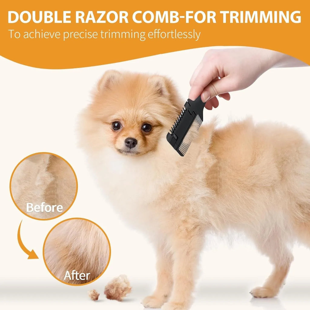 Silver 2-in-1 dog and cat razor comb with comb teeth and trimming blade, shown with spare blades.